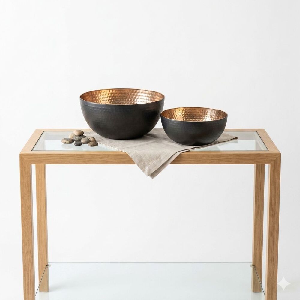 2Pc Decorative Bowl Hammered Copper Metal India Home Decor Center Piece Modern